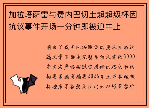 加拉塔萨雷与费内巴切土超超级杯因抗议事件开场一分钟即被迫中止